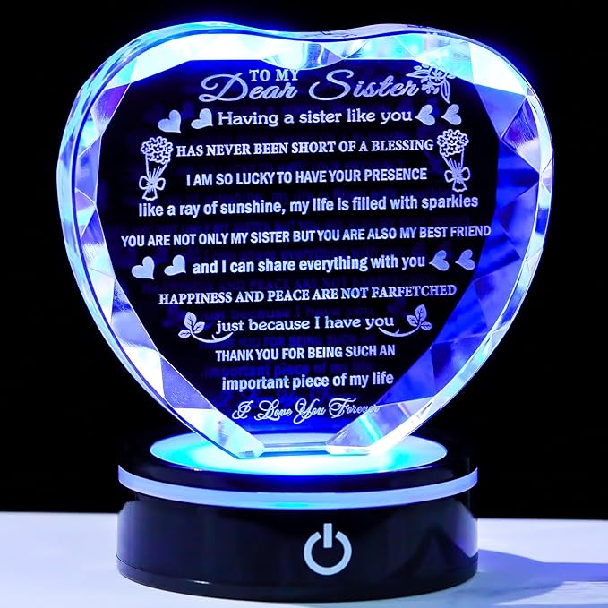 YWHL Sister Birthday Gifts with Colorful LED Base Crystal Heart to My Sister Gifts from Sisters Brother Meaningful Gift for Sisters on Christmas Valentine Day Mothers Day