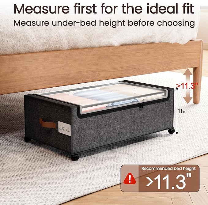 Yecaye 95L Under Bed Storage Containers, Fits 11" Under Bed, 2 Pack, Grey | XXL Capacity, 360° Rolling Wheels, Sturdy Metal Frame, Clear Window & Label, Storage Bins for Clothes, Shoes, Blankets