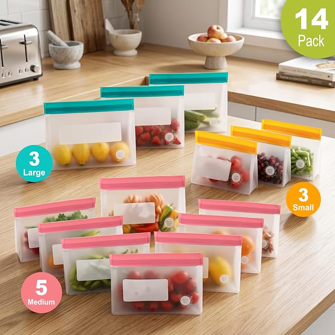 Reusable Food Storage Bags – 14-Pack Stand-Up, BPA-Free, Freezer, Dishwasher Safe & Eco-Friendly – 3 L, 8 M, 3 S Bags – Airtight Leakproof, Sandwich, Snack, and Meal Prep Baggies (Multicolor)