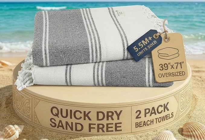 LANE LINEN Beach Towel, 2 Pack Beach Towels Oversized, 39"x71", XL - Ebony | Quick Dry Pool Towels for Adults - Absorbent Sand Free, Vacation Essential - Machine Washable, Travel & Camping, Extra Large