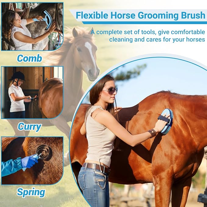 Horse Grooming Kit, 14-in-1 Professional Horse Brush Supplies Set for Grooming & Care, with Horse Brushes, Curry Comb, Hoof Pick & Waterproof Storage Tote Bag for Shining, Detangling, Massaging(Blue)