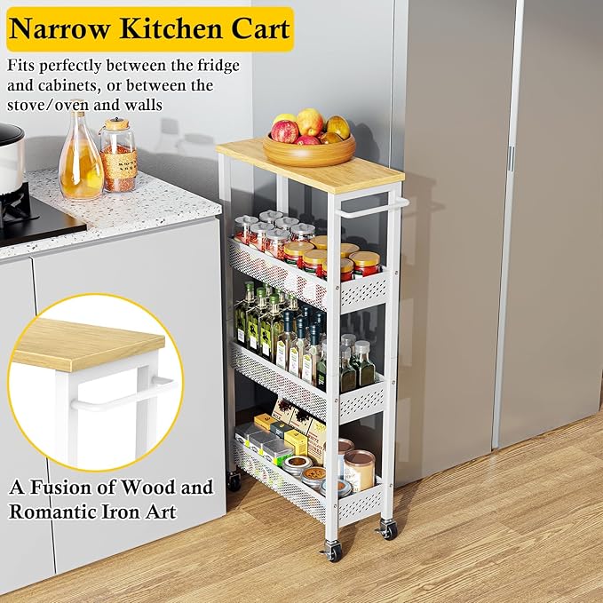 OKZEST Utility Slim Storage Cart, 4 Tier Small Rolling Kitchen Laundry Room Cart with Wood Top, Metal Narrow Bathroom Storage Cabinet Mobile Shelf Unit Organizer Trolley with Handle for Narrow Space