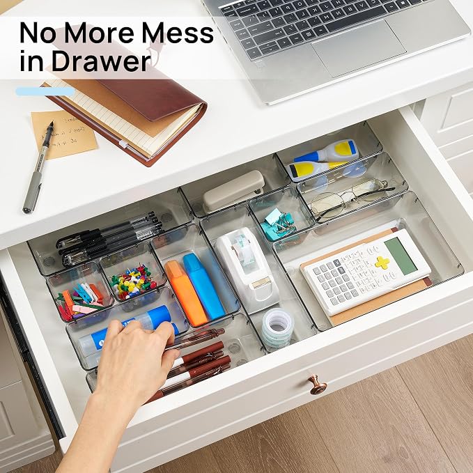 Vtopmart 25 PCS Office Desk Drawer Organizers Set, 4-Size Versatile Plastic Drawer Organizer Trays, Storage Bins for Desk Accessories Office Organizers and Storage, Bathroom, Makeup, Vanity