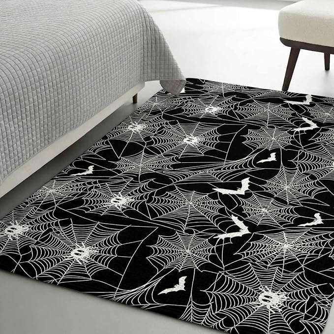 Halloween Washable Area Rugs for Living Room Bedroom, Large Non Slip Indoor Floor Carpet Absorbent Low Pile Black Scary White Bat Animal Net Geometric Door Mat Rugs for Bathroom Entryway 63"x78.7"