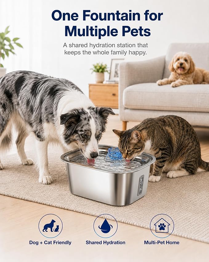 PETNF 3-Gallon Stainless Steel Dog Water Fountain for Large Dogs, Dog Water Bowl Dispenser with 4 Filters, Visible Water Window, Quiet Pump & LED Low-Water Indicator