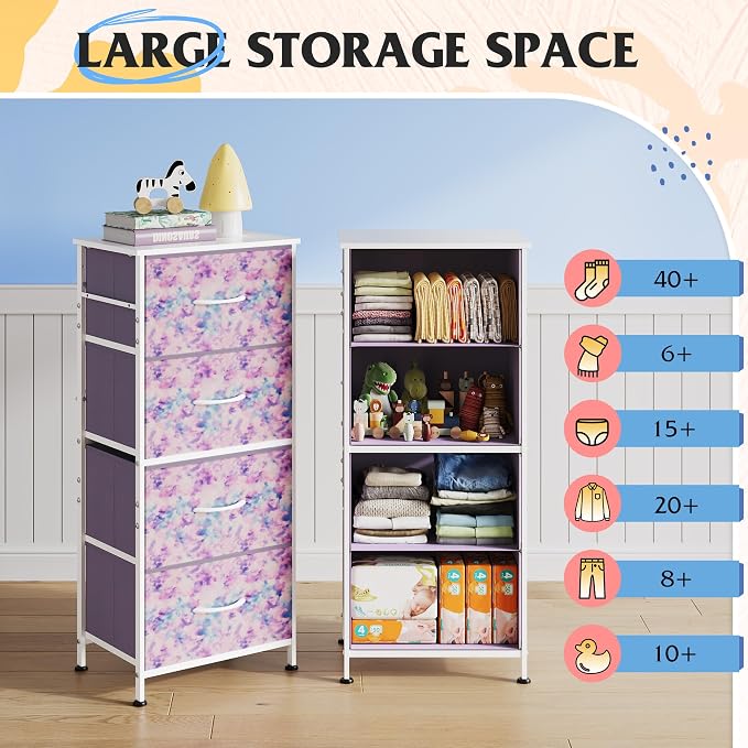 WLIVE Small Dresser Nightstand for Bedroom, 4 Drawers, Tie-Dye | 4 vertical fabric drawers, Space-saving tower, Bedroom or closet use, Chest of drawers, Dresser for small spaces