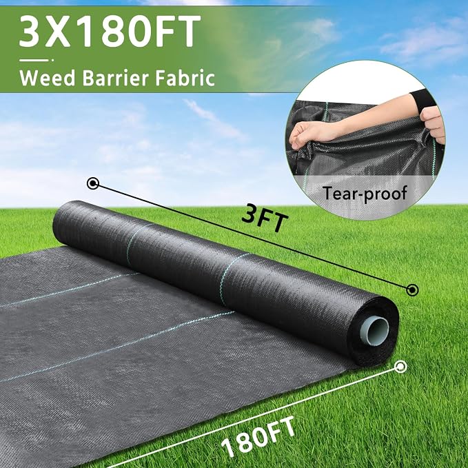 Pattiumo Weed Barrier Fabric 3x180FT Landscape Fabric 3.2oz Weed Barrier Fabric Heavy Duty for Landscaping Fabric Garden Fabric Weed Barrier Weed Blocker Garden Bed Cover, Commercial Driveway