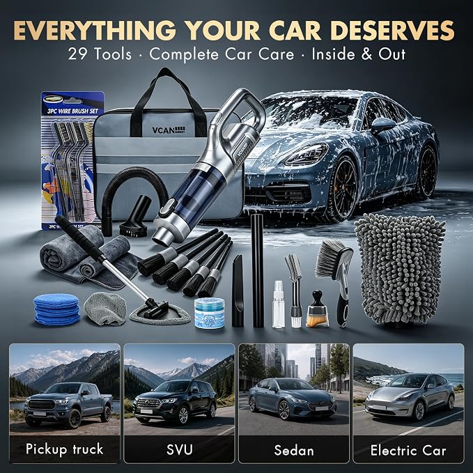 VCANENERGY 29PCS Car Cleaning Kit Interior Detailing for Men Women（Grey） | 17000PA High Power Handheld Cordless Car Vacuum Rechargeable, Detailing Brush Set, Windshield Cleaner Tool, Tire Brush