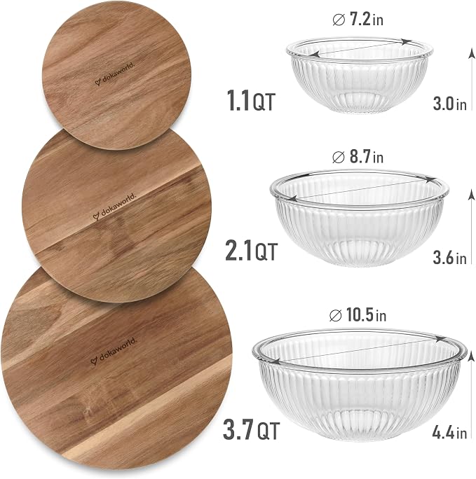 Set of 3 Stackable Space-Saving Nesting Glass Salad Bowls with Acacia Lids for Foodprep, Storage, Baking, Mixing & Cooking - Microwave Safe Durable Inert Borosilicate Glass