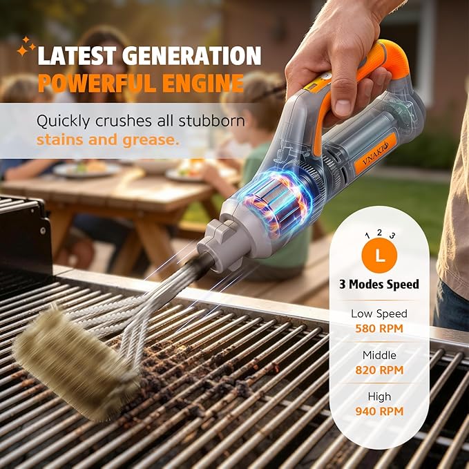 Electric Grill Brush BBQ Cleaner - Grill Cleaner, Grill Brush for Outdoor Grill, BBQ Grill Brush, 940 RPM Electric Grill Cleaner, 3 Speed Modes, Compatible with Weber, Char-Broil, Traeger & More