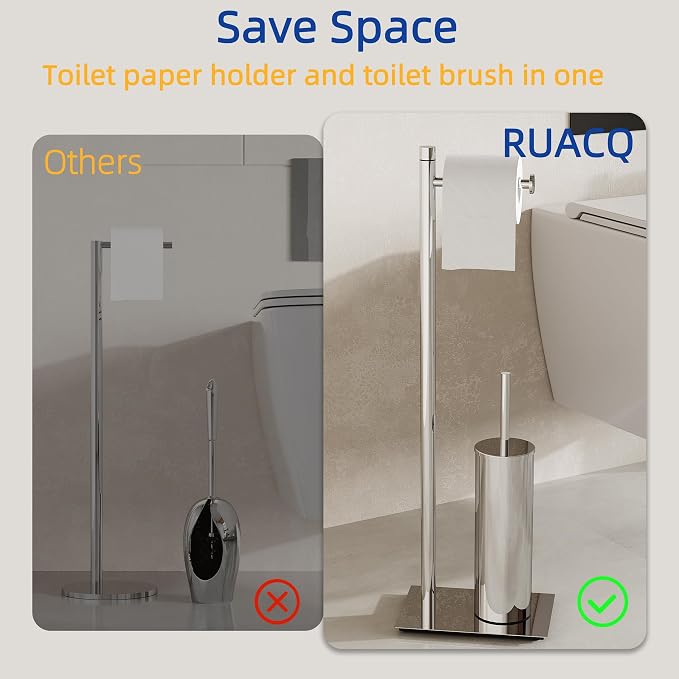 RUACQ Toilet Paper Holder Stand with Toilet Brush and Holder Set, 304 Stainless Steel Bathroom Toilet Tissue Paper Roll Holder Free Standing, Weighted Base, Heavy Duty (Chrome)
