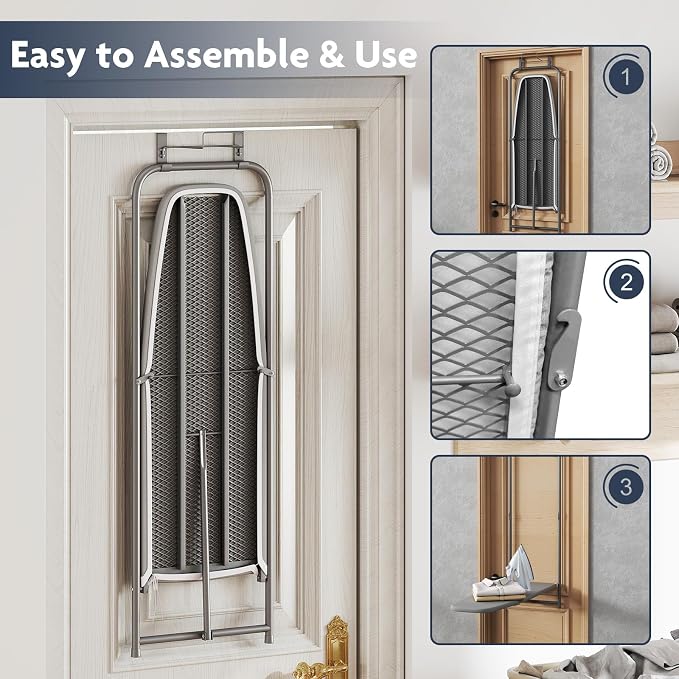 GOFLAME Over Door Ironing Board, Hanging Ironing Board with Iron Holder & Heavy-Duty Metal Frame, Space-Saving Folding Iron Board for Laundry Bathroom, Small Spaces, 42” x 16.5” x 50” (L x W x H)