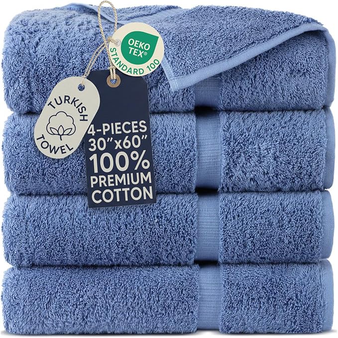 Towel Bazaar 4-Piece Extra Large Bath Towel Set, 100% Premium Cotton Turkish Towels, 30x60 Luxury Towel Super Soft and Absorbent, Perfect Use for Bathroom, Shower Towels - Wedgewood
