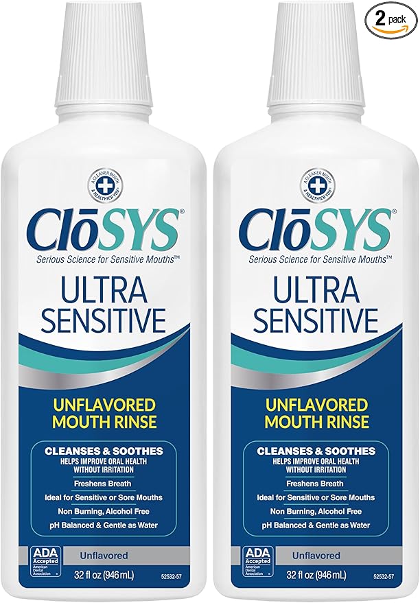 CloSYS Ultra Sensitive Mouthwash, 32 Oz, Pack of 2, Alcohol Free Mouthwash, Unflavored Mouth Wash, Dye Free, pH Balanced, Helps Soothe Entire Mouth