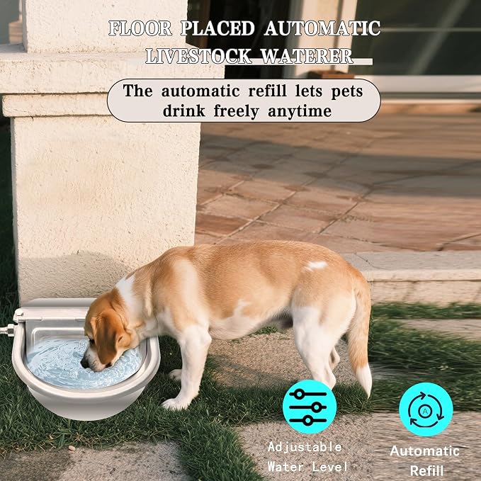 Automatic Dog Water Dispenser, Outdoor Chicken Waterer with Drain Valve, Easy Cleaning, Stainless Steel Auto Livestock Water Bowl with Float Valve, Self Drinking Trough for Horse (1 Gallon)