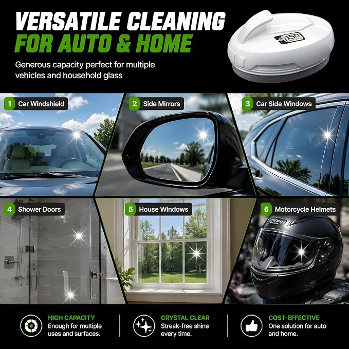 Car Window Oil Film Remover, Long Handle Glass Emulsion Cleaner | Efficient Felt Brush & Windshield Cleaner, Built In Leakproof Valve, 150ml Prefilled + 120ml Refill Bottle