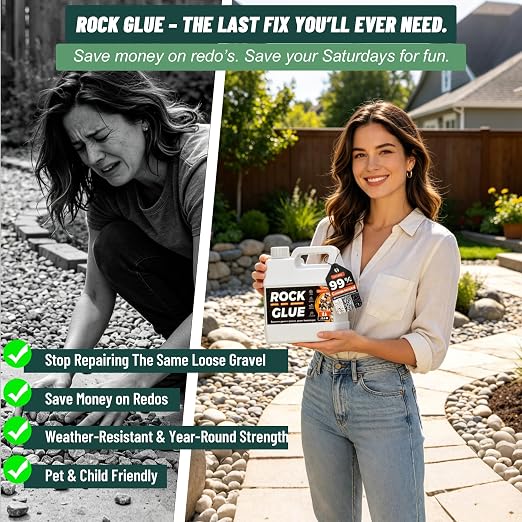 Oyevila Rock Binder for Landscaping, 1.3 Gallon Gravel Glue, Pet Safe | Strong clear-drying binder for rock, gravel and pebbles, with easy spray application and soap-and-water cleanup.