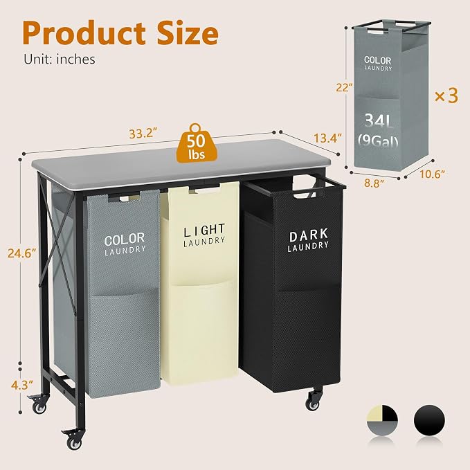 Gewudraw 3 Section Laundry Hamper with Ironing Board | Laundry Sorter with Removable Bags, Heavy-Duty Rolling Laundry Cart, Lockable Wheels, For Bathroom, Bedroom