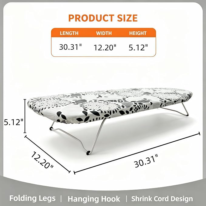 Tabletop Ironing Board with Heat Resistant Cover and Pad,30x12Inch | Heavy Duty Ironing Board with folding legs, Hook for Hanging, Portable Folding Mini Iron Board for for Dorm Apartment Travel