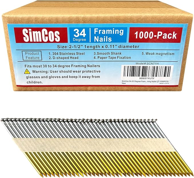 34-30 Degree 2-1/2 Inch Smooth Shank Paper Framing Nails,1000-Pack | 304 Stainless Steel D Head Tape Strip Nails for 30 to 34 Degree Framing Nailer,Fits Indoor and Outdoor Building Projects