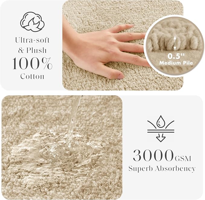 Madison Park Splendor Reversible 100% Cotton Bath Rug, 17 x 24, Natural | Tufted Bathroom Mat, 3000 GSM, Hotel Quality, Luxurious Plush, Medium Pile, Absorbent, Quick Dry, OEKO-TEX, Shower Room Décor