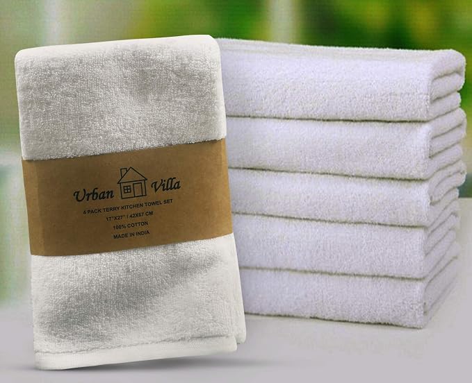 Urban Villa KitchenTowels Dual Purpose Terry Kitchen Towels White Color Set of 4 Dish Towel for Kitchen 100% Cotton Size 17X27 Inches Highly Absorbent KitchenTowels with Hanging Loop