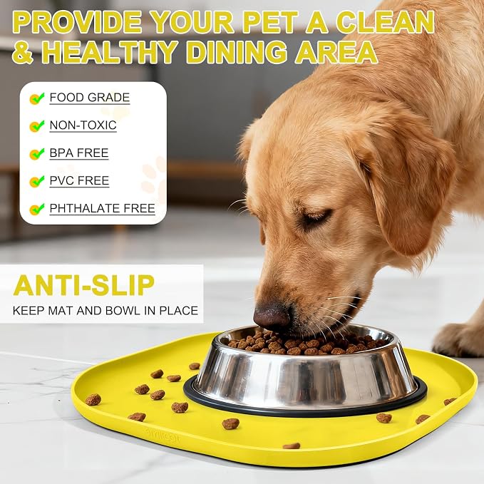 SMILOOL Waterproof Silicone Pet Food Mat with Raised Edge for Dog & Cat | 12" x 12" Non-Slip Small Pet Feeding Mats with Lip for Food & Water Bowl, Food Grade, Easy Cleaning, Light Yellow