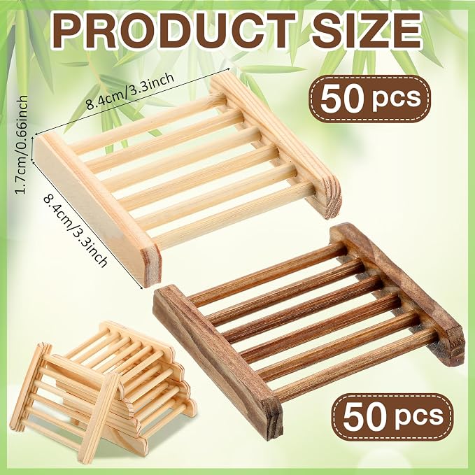 Amyhill 100 Pcs Bamboo Wood Soap Dish Bulk Bathroom Wooden Soap Holder Savers Self Draining Dishes Handcraft Tray, 3.3 x 3.3 x 0.67 Inch (Wood Color,Charcoal Color)