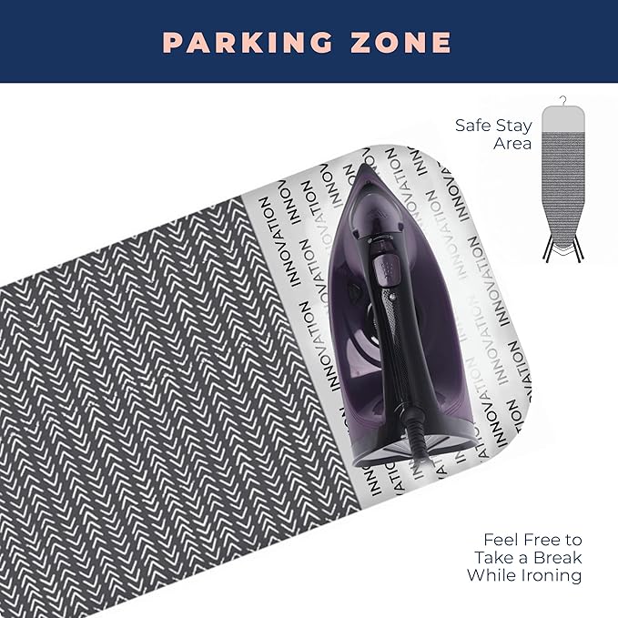 Ironing Board, Compact and Space Saver Iron Board, Safety Ironing with Park Zone and 4 Layers Extra Thick Cover, Patented Lock System for Foldable Leg, Easy Storage with Smart Hanger (13x43)