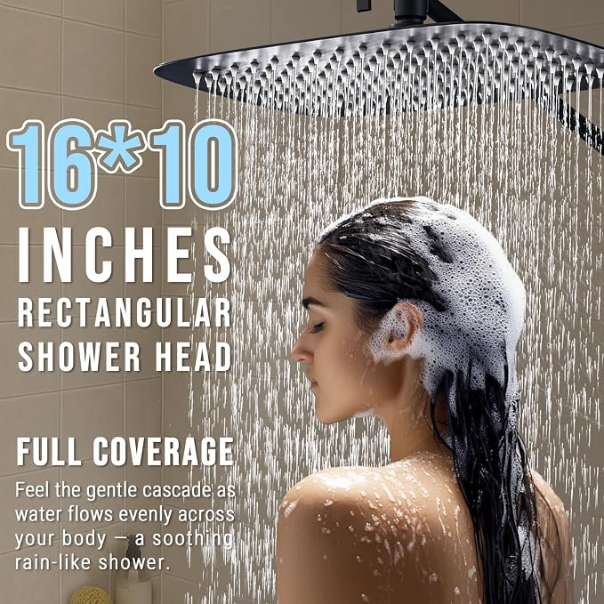 G-Promise All Metal 16 Inch Dual Square Shower Head with Handheld Spray Combo, Rain Shower Head, Adjustable Extension Arm, 3-Way Diverter, 71 Inch Extra Long Hose - A Bathroom Upgrade (Matte Black)