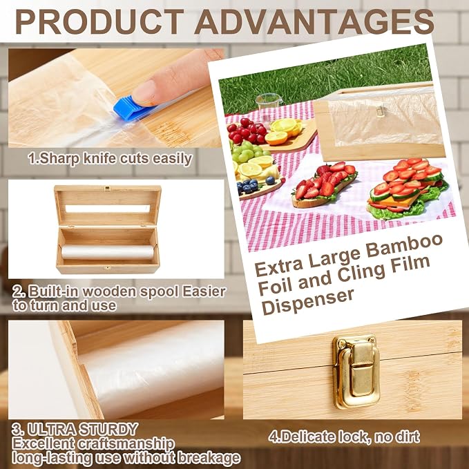Colingmill 2 Pack 12" x 3000ft Large Plastic Wrap Dispenser with Cutter Roller Commercial Bamboo Holder for 3000ft Film 1000ft Aluminum Foil Non Slip Pad Fit Big Saran Wrap Restaurant Kitchen