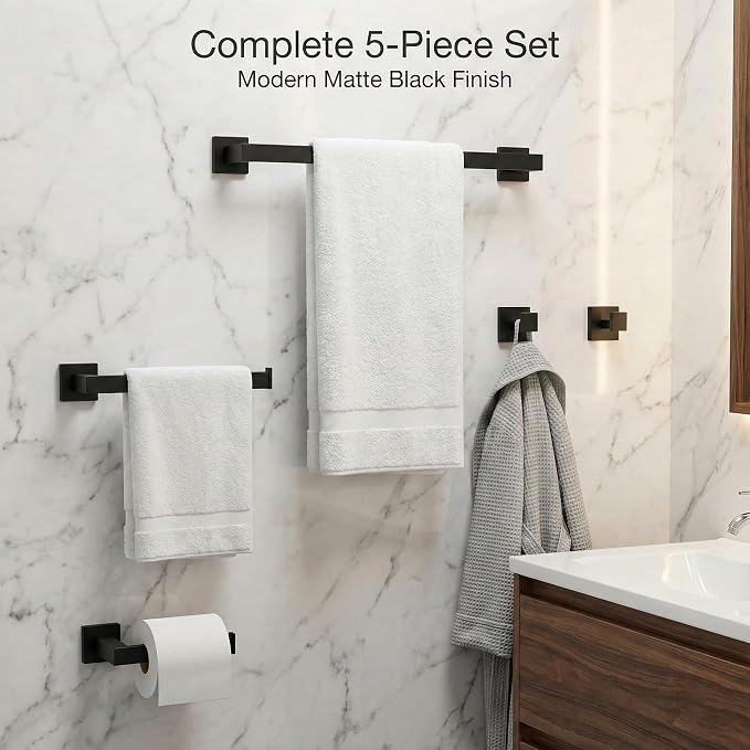 5 Piece Bathroom Hardware Set Matte Black, SUS304 Stainless Steel Towel Bar Set, Modern Square Accessories with 16 Inch Rack Toilet Paper Holder Robe Hooks (Matte Black)