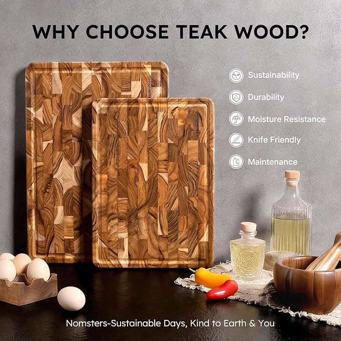 Teak Wood End Grain Cutting Board Set of 2 with Non-slip Feet, Reversible Cutting Boards for Kitchen with Juice Grooves and Handles Non Toxic Chopping Board Butcher Block Serving Tray Kitchen Gift