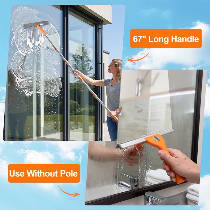 Window Cleaning Kit with Bucket 3 Gallon & 76" Squeegee Scrubber | Professional Window Washing Equipment with Long Handle, Compelete Window Cleaner Tools for Home Outdoor Commercial Car