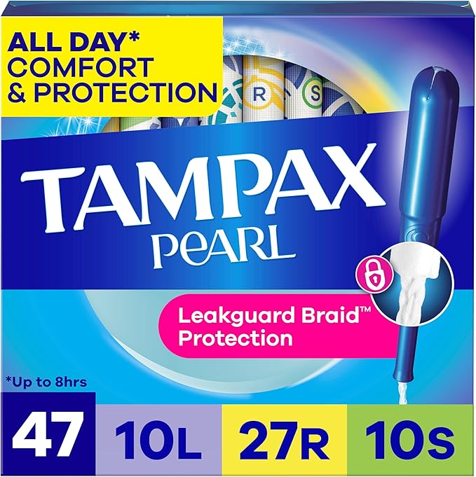 Tampax Pearl Tampons for Women Multipack, with LeakGuard Braid, Light/Regular/Super Absorbency, Unscented, 47 Count