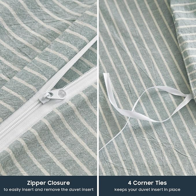 Wake In Cloud - Striped Cotton Duvet Cover Set, 100% Washed Cotton Textured Bedding Set, Ticking Stripe Pinstripe Farmhouse, 3 Pieces, Greyish Blue, Twin/Twin XL Size