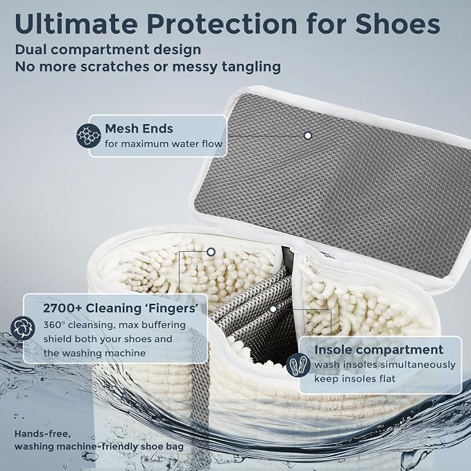 Dual Compartment Shoe Washing Machine Bag for Sneakers, Beige/Gray, 2-Pack | Clasp-Lock Zipper, Reinforced Seams and Bound Edges, Longer & Denser Chenille Strips for 360° Deep Cleaning