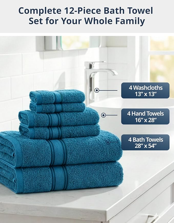 LANE LINEN Towel Set Quick Dry 100% Cotton 12 Piece Soft - Sea Port | Cotton Towels For Bathroom - Zero-Twist Durability, Zero-Twist Cotton, Terry Weave Comfort, Long-Lasting Comfort
