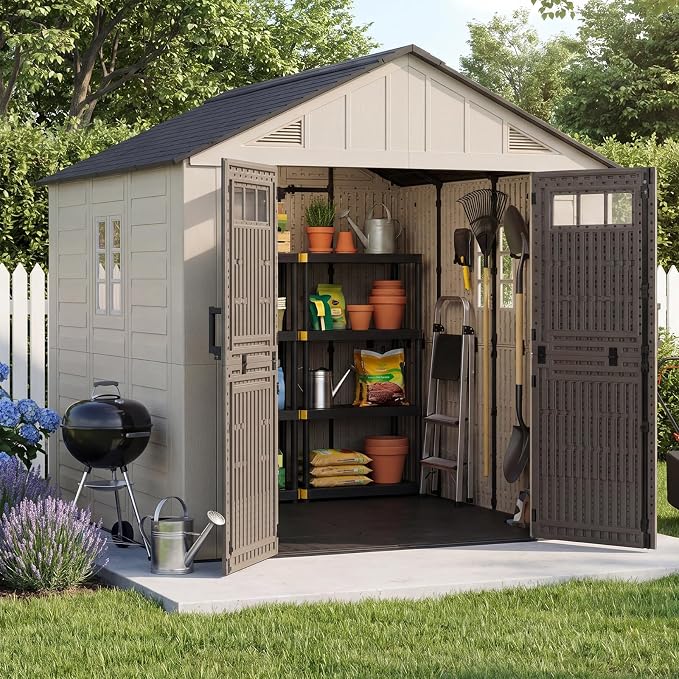 Aoxun 8x8 Ft Outdoor Storage Shed with Floor, Large Resin Outdoor Shed with Lockable Door & Windows, Garden HDPE Sheds for Lawn Tools, Pool Supplies & Bikes
