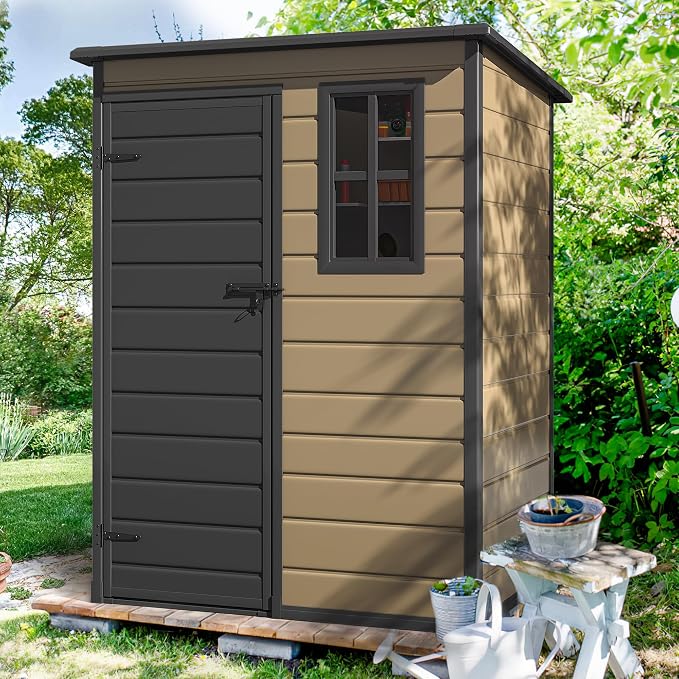 DWVO 5x3ft Resin Outdoor Storage Shed with Floor, Waterproof Lockable Tool Shed with Window, Plastic Outside Resin Storage Shed for Garden Backyard Patio Lawn