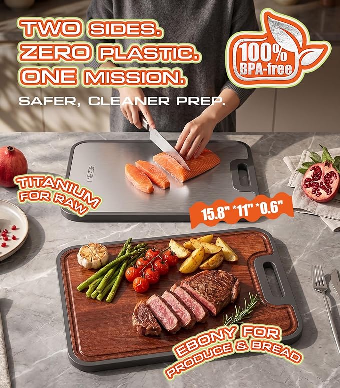 Titanium Cutting Boards for Kitchen, Ebony Wood Cutting Board BPA-Free, Large(15.8"x11") Dual-Sided Non Toxic Chopping Board for Hygienic Food Prep, Knife-Friendly, with Juice Groove