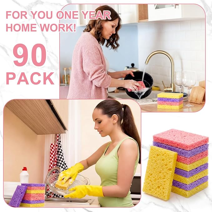 Zhengmy 90 Pieces Sponges Bulk Sponges Kitchen Compressed Sponge Natural Dish Sponge Compressed Wood Pulp Cleaning Without Scratching for Kitchen Bathroom, 3.9 x 2.4 x 0.12 Inch (Dark Color)