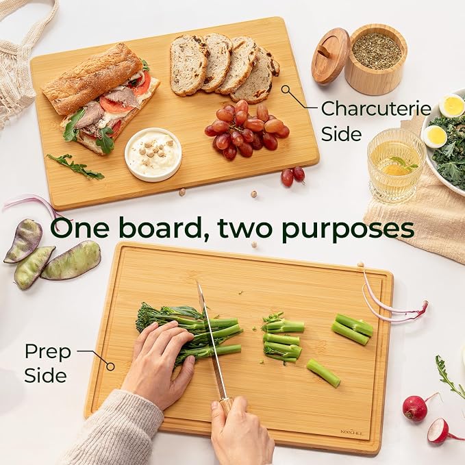 Keechee Cutting Board with Non-slip Mat, Bamboo Cutting Board for Kitchen Meal Prep & Serving - Wood Serving Board Set with Deep Juice Groove Ideal Kitchen Gifts