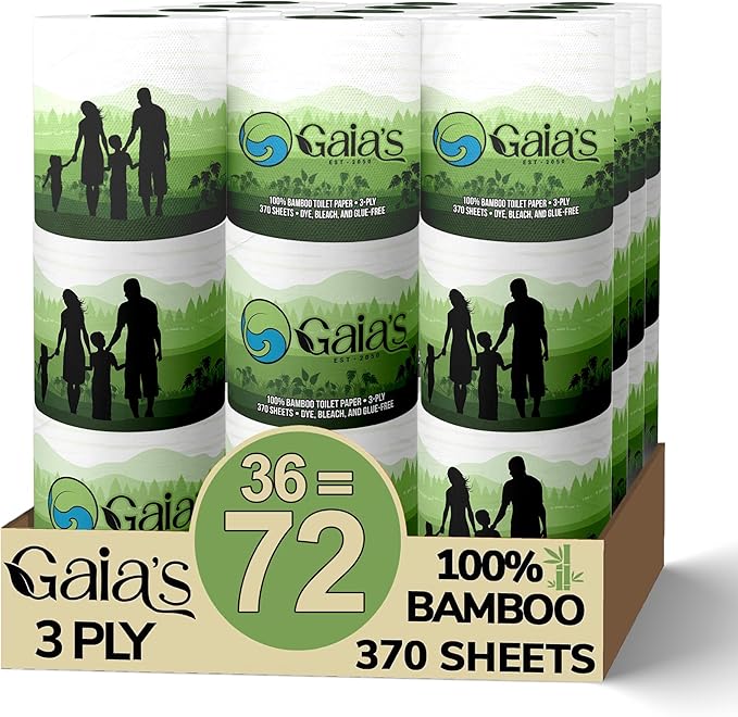 Gaias Premium and Soft Organic Bamboo Toilet Paper | 36 Mega Rolls, 3 Ply, 370 Sheets | FSC Certified, PFAS & BPA Free, Eco-Friendly, Sustainable Tissue - Plastic Free, Septic Safe, Vegan