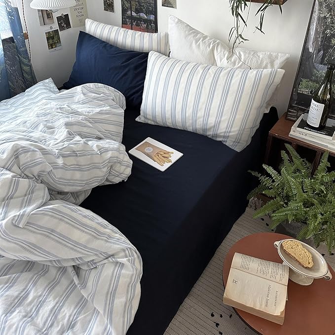 mixinni Vintage Blue & White Striped Duvet Cover Set - 3 Piece 100% Washed Cotton Queen Size Bedding | Minimalist Relaxed Style | Ultra Soft Breathable, with Zipper Closure & Corner Ties-Queen Size