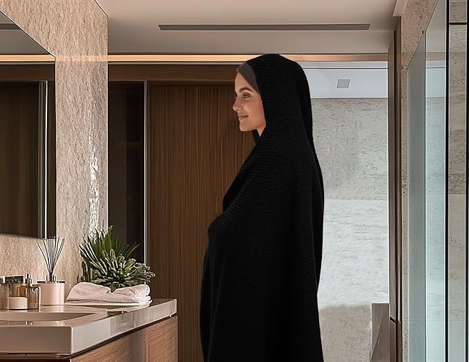 COTTON CRAFT Hooded Bath Towel for Adults – 2 Pack 100% Cotton Bath Sheet | Waffle Weave Oversized 35x70 inch Ringspun Terry Bath Wrap with a hood - Soft Super Absorbent Quick Dry – 450 GSM – Black