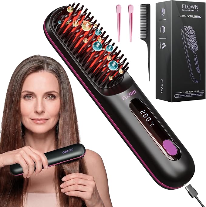 FLOWN® Original Go Brush PRO [Five Minutes Hair Styling Routine] - No Damage Heat Brush with USB-C Charger - Electric Travel Pocket Brush for All Hair Types - Black (Formerly Numoya)
