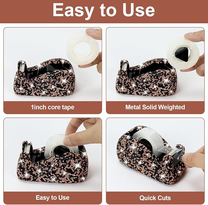 Buqoo Black Bling Rhinestones Tape Dispenser, Crystal Sparkly Handmade Diamond Desktop Tape Dispenser for Desk, Glitter Tape Holder Cutter for School Home N Office Supplies
