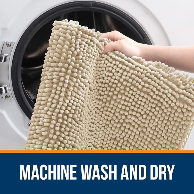 OLANLY Bathroom Rugs 30x18, Extra Soft Absorbent Chenille Bath Rugs, Rubber Backing Quick Dry, Machine Washable Bath Mats for Bathroom Floor, Tub and Shower, Home Decor Accessories, Beige