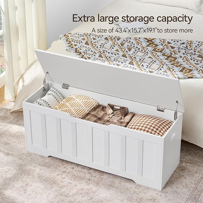 VANKILEY 47.2" Storage Chest Extra Large,Storage Trunk with 2 Safety Hinges,Wooden Storage Bench,Shoe Bench,47.2x15.7x19.1 Inch,Easy Assembly,Storage Bench for Bedroom,Living Room,entryway(White